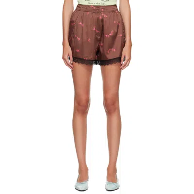 Ganni Brown Printed Sandwashed Silk Satin Lace Hem Shorts