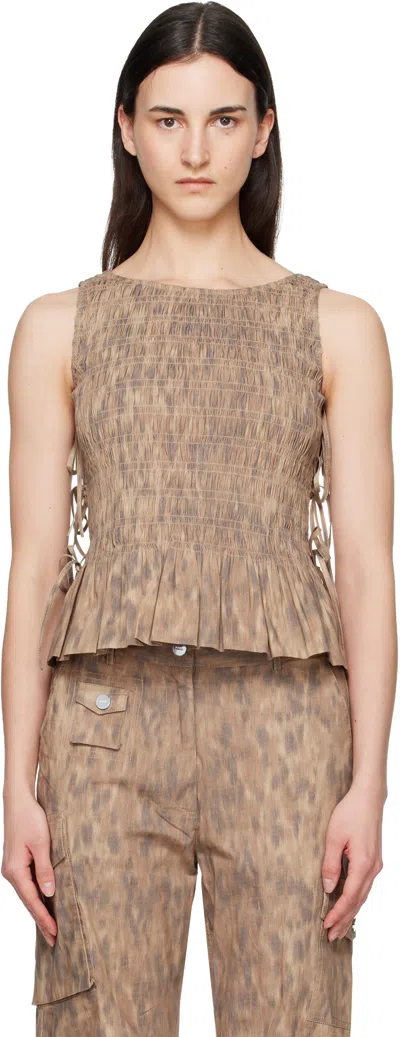 Ganni Brown Printed Stretch Smock Top