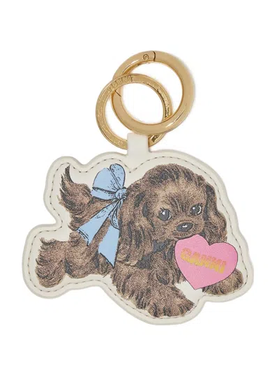 Ganni Brown Puppy Keyring In Gold