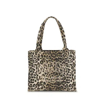 Ganni Brown Recycled Cotton Shoulder Bag In Animal Print