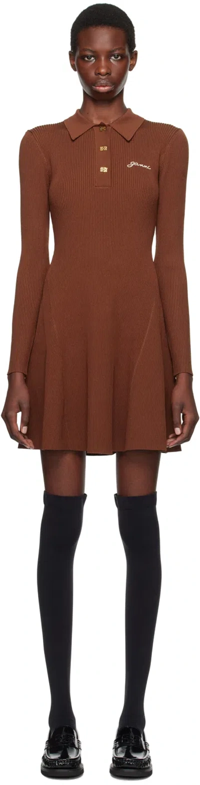 Ganni Brown Rib Minidress In Braun