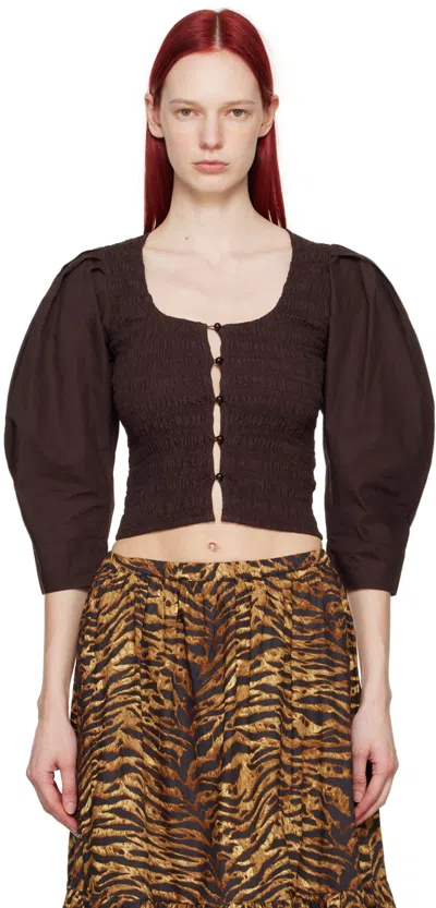 Ganni Brown Smocked Blouse In 897 Mole