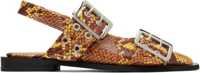 Ganni Brown Snake Feminine Buckle Flats In 934 Sand
