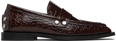 Ganni Studs Square Shiny Croco Loafer In Brown