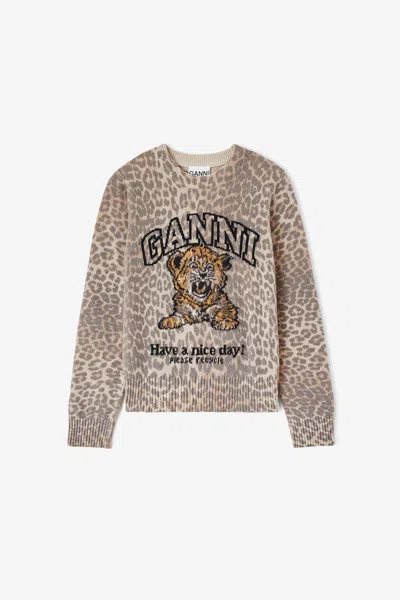 Ganni Wool Crewneck Sweater In Neutral