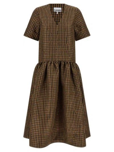 Ganni Women Brown Taffet Crinckled Dress, S Luxury Dresses For Women Darveys