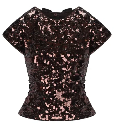 Ganni Womens Demitasse Bow-embroidered Sequin-embellished Velvet Top In Brown
