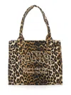Ganni Brown Tote Bag With Graphic Print On The Front And All-over Leopard Motif In Cotton Woman In Animal Print