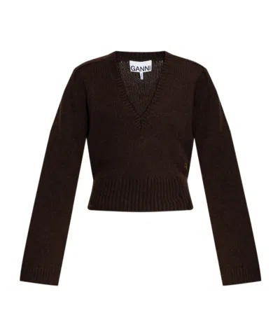 Ganni Brown V-neck Jumper In Black