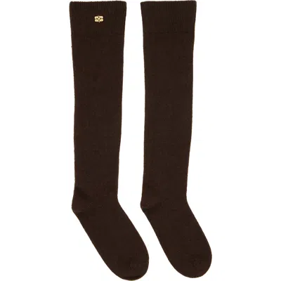 Ganni Brown Wool Mix High Socks In 00b Chocolate Plum