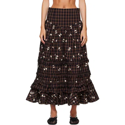 Ganni Brown Yarn Dyed Check Long Tiered Frill Maxi Skirt In Zx8 Cappuccino