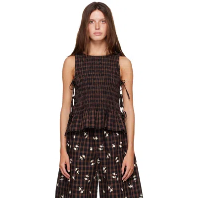 Ganni Brown Yarn Dyed Check Smocked Tie String Top In Black