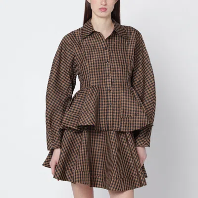 Ganni Gingham Peplum Shirt Collared Long Sleeves In Brown