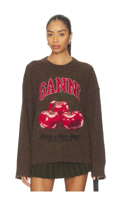 Ganni Brushed Alpaca Graphic Oversized Sweater In Brown