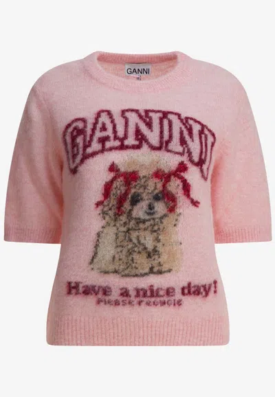 Ganni Brushed Alpaca Intarsia Knit Poodle Top In Pink