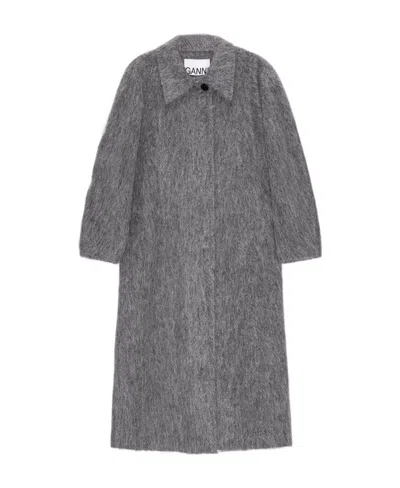 Ganni Brushed Curved-sleeves Maxi Coat In Gray