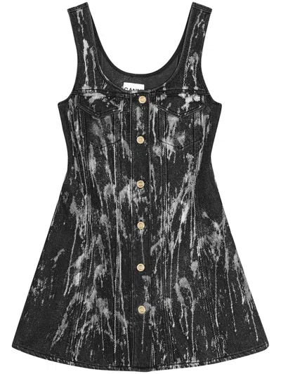 Ganni Paint-splash Denim Mini Dress In Black