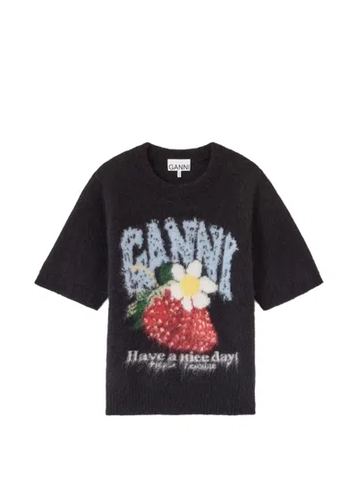 Ganni Brushed Short-sleeve Sweater In Black