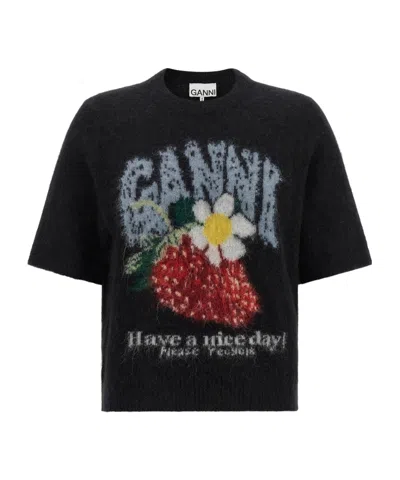 Ganni Brushed Short-sleeve Sweater In Black