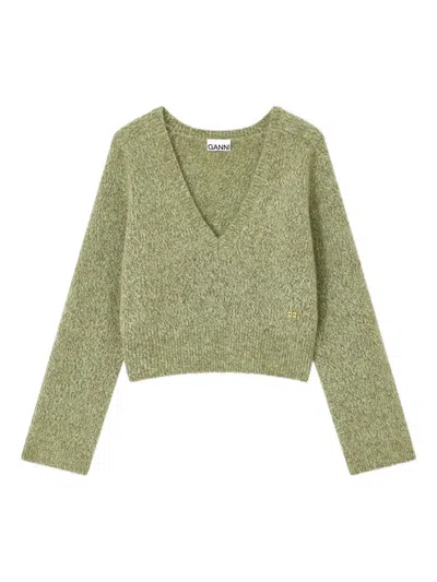 Ganni Brushed V-neck Sweater In Green