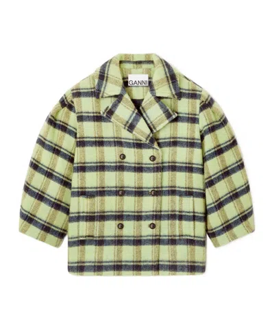GANNI BRUSHED WOOL CHECK MIDI COAT