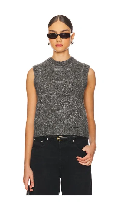 Ganni 'bubble' Grey Sleeveless Vest With Logo Lettering On The Front In Wool Blend Woman