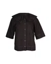 Ganni Bubi Collar Button-up Blouse In Black Cotton In Black