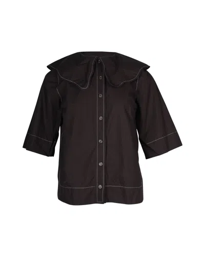 Ganni Bubi Collar Button-up Blouse In Black Cotton