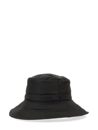 Ganni Bucket Hat With Logo In Black