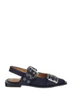 Ganni Buckled Eyelet-embellished Recycled Denim Ballet Flats In Blue