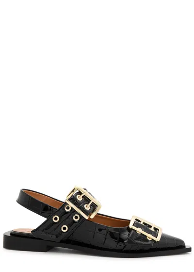 Ganni Buckle Ballerina Crocodile-effect Slingback Flats In Black