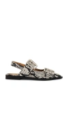 Ganni Buckled Eyelet-embellished Snake-effect Recycled Faux Patent-leather Ballet Flats In Sand