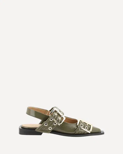Ganni Feminine Ballerina Flat Shoes In Green