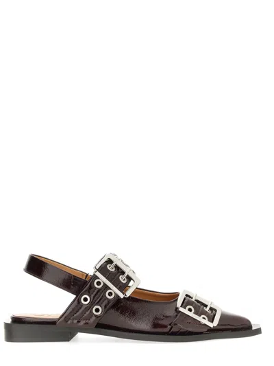 Ganni Feminine Buckle Ballerina In Burgundy