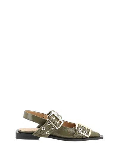 Ganni Feminine Ballerina Flat Shoes In Green