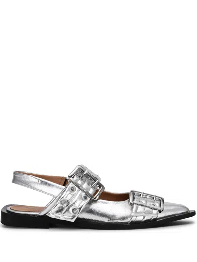 Ganni Buckle Ballerinas In Silver