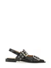 Ganni Womens Black Buckle-embellished Slingback Leather Ballet Flats In Black