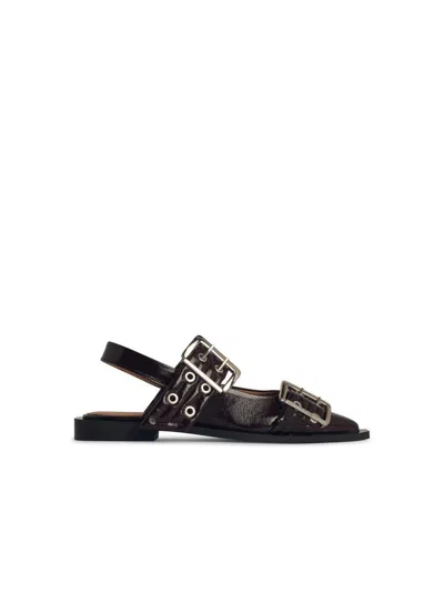 Ganni 'buckle' Burgundy Leather Ballet Flats In Black