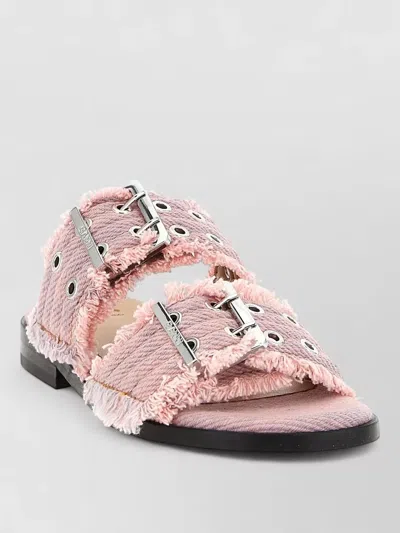 Ganni Buckle Denim Sandals Frayed Edges Eyelets In Pink