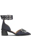 Ganni Navy Feminine Buckle Open Cut Heels In Blue