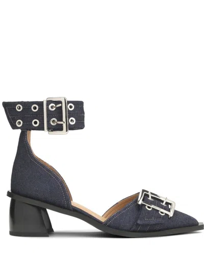 GANNI 50MM BUCKLE-DETAIL DENIM PUMPS