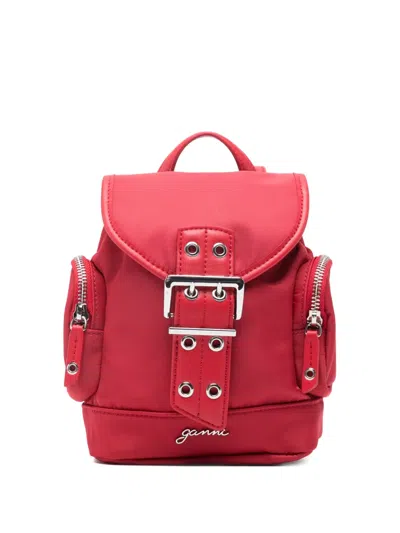 Ganni Adjustable Nylon Backpack With Zip Pockets And Removable Straps In Red