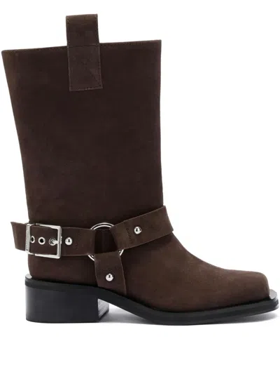 Ganni Mid Shaft Biker Boot In Brown Suede In Multi