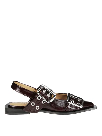 Ganni Buckle Detail Burgundy Ballerina Flats In Brown