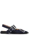 Ganni Buckled Eyelet-embellished Recycled Denim Ballet Flats In Blue