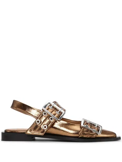 Ganni Buckle-detail Mettalic-effect Ballerina Shoes In Brown