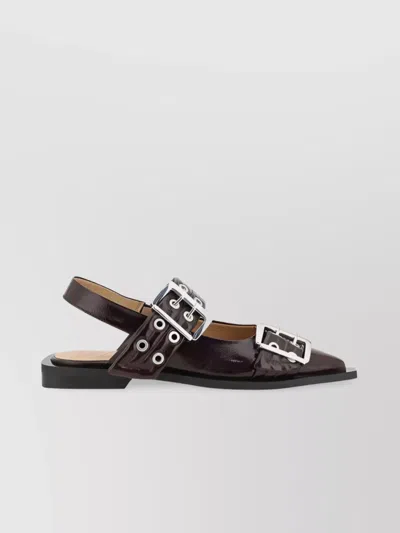 Ganni Buckle Detail Patent Leather Slingback Ballerinas In Black