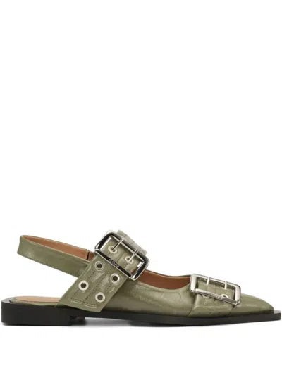 Ganni Buckle-embellished Pointed-toe Flat Pumps In Green
