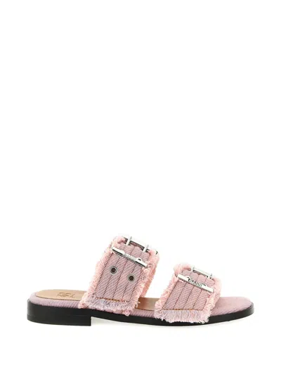 Ganni Fringed Denim Buckle Cameo Pink Textile Sandals In Multi