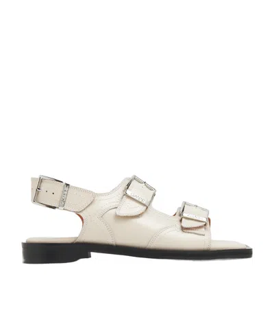 Ganni Buckle-fastening Leather Flat Sandals In White